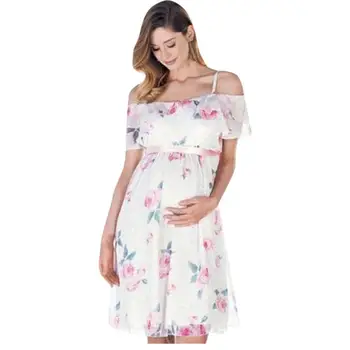 Materské oblečenie v materstve šaty tehotenstva šaty tehotné šaty materskej šaty elegantná Kvetinová Falbala Tehotné Mimo Rameno