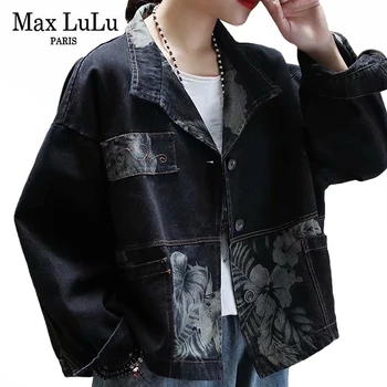 Max LuLu Nové 2020 Čínsky Luxusné Značky Dámy Jeseň Kvetinový Denim Dámske Kabáty Vintage Čierne Bundy Vytlačené Nadrozmerné Oblečenie