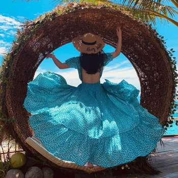Maxi Backless Sky Blue Ženy Šaty Letné Boho Elegantné Tropické Strany Dovolenku Pláž, More Vintage Šaty Dlhé Dráhy 2020 Sundress