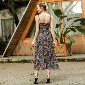 Maxi Šaty pre Ženy 2021 Lete Originálny Dizajn Žien Vytlačené Kvetinový Záves Slim Bežné Šaty bez Rukávov Vysoký Pás Šaty