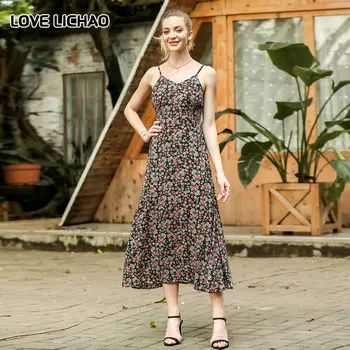 Maxi Šaty pre Ženy 2021 Lete Originálny Dizajn Žien Vytlačené Kvetinový Záves Slim Bežné Šaty bez Rukávov Vysoký Pás Šaty