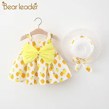 Medveď Líder Novej Baby Girl Dress Letných Lúk Tlač Šaty s Klobúkom 2 Ks Detské Oblečenie Vyhovuje Bohemia Novorodenca Batoľa Šaty