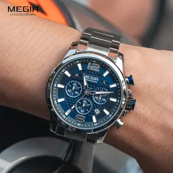 MEGIR 2020 Luxusné Hodinky Mužov Top Značky Nerezovej Ocele, Vodotesné Svetelný Náramkové hodinky Modrý Športový Chronograf Quartz Hodinky Muž