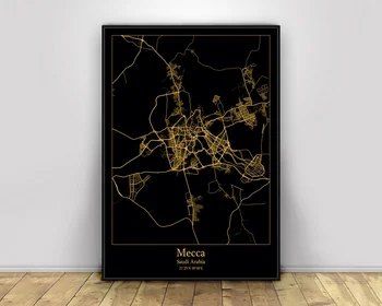 Mekka Saudská Arábia Black&Gold Mesto Svetlo Vlastné Mapy Sveta Mapa Mesta Plagáty Plátno, Vytlačí Nordic Štýl Wall Art Domova