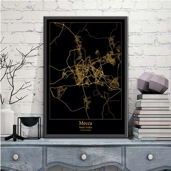 Mekka Saudská Arábia Black&Gold Mesto Svetlo Vlastné Mapy Sveta Mapa Mesta Plagáty Plátno, Vytlačí Nordic Štýl Wall Art Domova