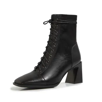 MEMUNIA 2021 nové dorazí pravej kože +pu členková obuv ženy štvorcové prst hrubé päty šaty strany topánky žena topánky čierne