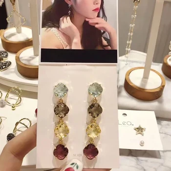 MENGJIQIAO Nový kórejský Star Farebné Námestie Crystal Dlhé Náušnice Pre Ženy, Luxusné Módne Party Temperament Pendientes Šperky