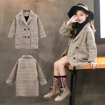 Menoea Dievčatá oblečenie na jeseň zima 2020 kórejský edition tartan kabát veľké Deti je tweed Vlnené kabát v béžovej farbe skontrolujte, kabáty Oblečenie