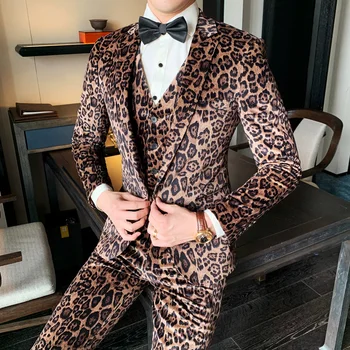 Mens Leopard Tlač Oblek Nový Príchod Luxusné Pánske Velvet Obleky 3 Kusy Obleky Pre Mužov, Svadobné Kostýmy Fáze Večera Prom Šaty Q664