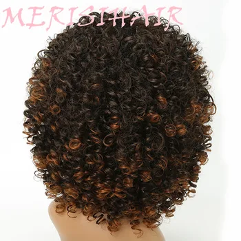 MERISI VLASY 14 Palcový Krátke Afro Kinkly Kučeravé Parochne Pre Čierne Ženy Black Zmiešané Hnedé Farby Syntetické Vlasy Afriky Účes