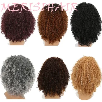 MERISI VLASY 14 Palcový Krátke Afro Kinkly Kučeravé Parochne Pre Čierne Ženy Black Zmiešané Hnedé Farby Syntetické Vlasy Afriky Účes