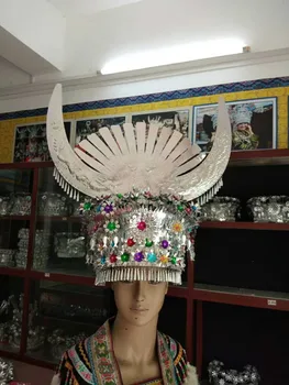 Miao klobúky Farebné striebro pokrývky hlavy klobúk tradičnej Čínskej pokrývky hlavy cosplay party headdress