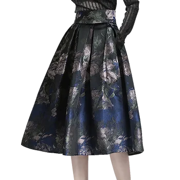 Mid-Dĺžka Sukne 2020 Jeseň Zima Nové Módne Skladaný A-Line Vysoký Pás Žakárové Vintage Kvetinový Ženy Elegantné Sukne Dáždnik