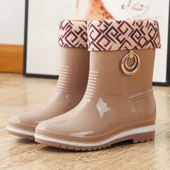 Mid-hlavne dámy dážď topánky plus velvet teplej vody topánky anti-slip dážď gumové topánky nepremokavé ochranu dážď topánky 36-41
