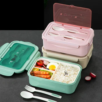 Mikrovlnná Bento Box Japonský Riad Skladovanie Potravín Kontajner Dieťa Dieťa Dospelá Split Úložný Box s Lyžica a Vidlička Potravín Box