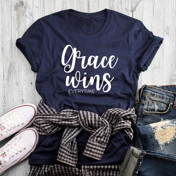 Milosť Vyhráva Vždy Bavlna tričko Unisex Náboženskej Cirkvi Kresťanskej Tričko Bežné Ženy Ježiš Viery Top Tee Drop Shipping