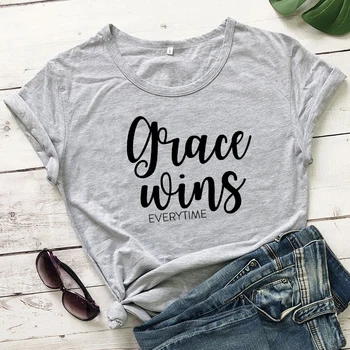 Milosť Vyhráva Vždy Bavlna tričko Unisex Náboženskej Cirkvi Kresťanskej Tričko Bežné Ženy Ježiš Viery Top Tee Drop Shipping