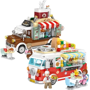Mini Auto Stavebné Bloky, Pizza, Káva Obchod Model Údaje Potravín Truck Tehly Auta Dievčatá Vzdelávacie Hračky pre Deti Vianočný Darček