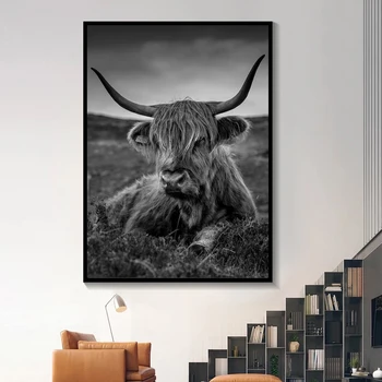 Minimalistický Farma Zvierat Black Highland Krava Highland Bull Plátno Maľovaní Plagátov a Vytlačí Wall Art Obraz pre Miestnosti Domova