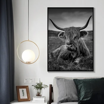 Minimalistický Farma Zvierat Black Highland Krava Highland Bull Plátno Maľovaní Plagátov a Vytlačí Wall Art Obraz pre Miestnosti Domova