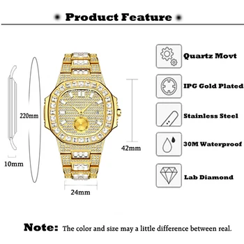 MISSFOX Luxusné Mužov Sledovať Zlato 18K Nautilus Model Plne Spevnené Bageta Diamond Pánske Hodinky Vodotesné Kalendár Muž hodiny Hodiny
