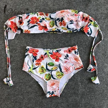 Miyouj Mimo Ramenný Bikini Kvetinový Prehrabať Bandeau Plavky Ženy Vysoký Pás Plavky String Plavky Biquin Tlač Bikini Set