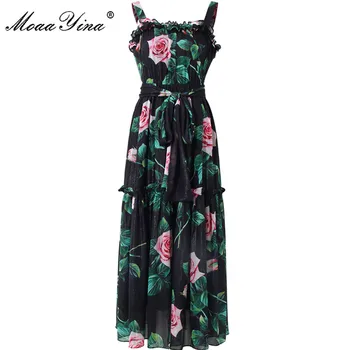 MoaaYina Módny Návrhár Čipky šaty Letné dámske Šaty Vintage Rose Kvetinovým Tlače Dovolenku Špagety popruh Šaty