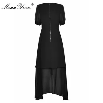 MoaaYina Módny Návrhár šaty Letné dámske Šaty tvaru Krátky rukáv Slim Patchwork Šifón Asymetrické Šaty