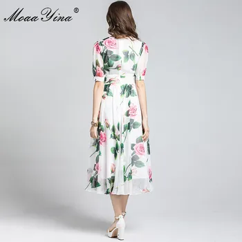 MoaaYina Módny Návrhár šaty Letné Ženy Šaty tvaru Krátky rukáv Kvetinovým Tlače Elegantné Dovolenku Šifón Šaty