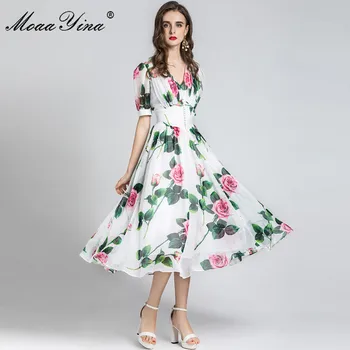 MoaaYina Módny Návrhár šaty Letné Ženy Šaty tvaru Krátky rukáv Kvetinovým Tlače Elegantné Dovolenku Šifón Šaty