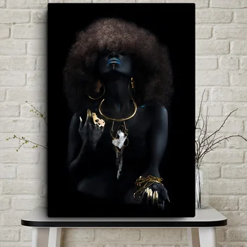 Moderné Nadýchané Vlasy Africké Čierne Ženy Zlaté Prst olejomaľba na Plátne Umenie, Nástenné Plagáty a Tlačí na Obývacia Izba Dekor
