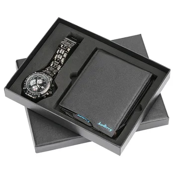 Moderné Čierne Kožené Peňaženky & Chronograf Hodinky Mužov Darček Box Set Luxusné Hodinky z Nerezovej Ocele Muž Hodiny pre Otca Priateľ