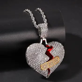 Moderný Hip Hop Šperky leukoplast Zlomené Srdce Láska Prívesok Mužov Micro Pave Zirkón Kameň Náhrdelník s OK Patch láska Prívesok Bijoux