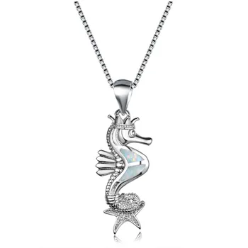 Modrá/Biela/Fialová Fire Opal 925 Sterling Silver Seahorse Zvierat Prívesok Náhrdelníky Dary