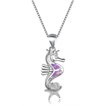 Modrá/Biela/Fialová Fire Opal 925 Sterling Silver Seahorse Zvierat Prívesok Náhrdelníky Dary