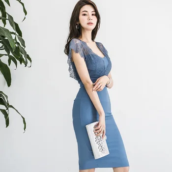 Modrá Elegantné Kancelárske Šaty 2019 Lete Ceruzka Sexy Tvaru Bez Rukávov Dekoračné Krajky Vysoký Pás Slim Party Šaty Ženy