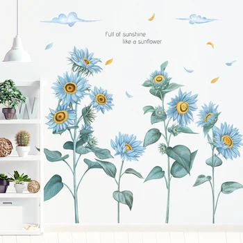 Modrá Slnečnice Stenu, nálepky, vysadiť kvety, Spálne, Gauč Pozadí Obývacia izba dekorácie Verandu Stenu decor samolepiace Nálepky