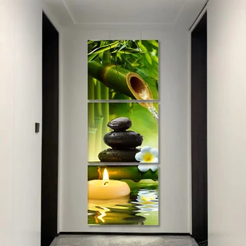 Modulárny 3 Panely Bambusu Vody Plátno na Maľovanie Sviečka Kameň SPA Wall Art Plagát, Tlač Na Obývacia Izba, Veranda, Chodba Domova