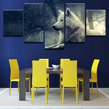 Modulárny Obrázky Obývacia Izba HD Vytlačí Plátno 5 Kusov Zvierat Biela Fox Obrazy Domova Vlk Pes Plagáty na Stenu Umenie Rámec
