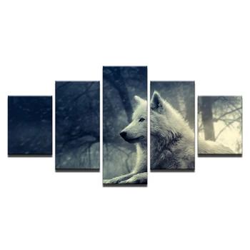Modulárny Obrázky Obývacia Izba HD Vytlačí Plátno 5 Kusov Zvierat Biela Fox Obrazy Domova Vlk Pes Plagáty na Stenu Umenie Rámec
