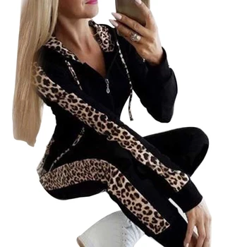 MONERFFI Jeseň Zimné Móda Tepláková súprava Ženy Spájať Fleece Leopard Tlač Kabát S Kapucňou Dva Kusy Nastaviť Hoodies Dlhé Nohavice Oblek