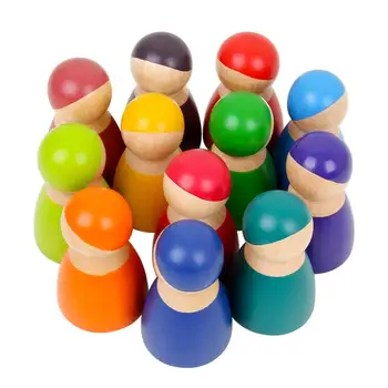 Montessori Súbor 12 Rainbow Priateľmi Peg Bábiky Drevené Predstierať, Že Hrať Ľudí Číselné Údaje Detská Hračka Environmentálne Bezpečnostné Farby