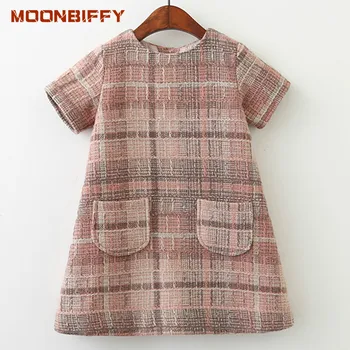 Moonbiffy Dievčatá Šaty 2020 Značky Jeseň Dievčatá Oblečenie O-krku Koberčeky Pocket Dizajn pre Deti, Oblečenie 3-7Y Princezná Šaty