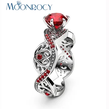 MOONROCY CZ Ročník Red Black Crystal Krúžok Strieborná Farba Snubné Prstene Duté Šperky pre Ženy, Dievčatá Gift Drop Shipping Nové
