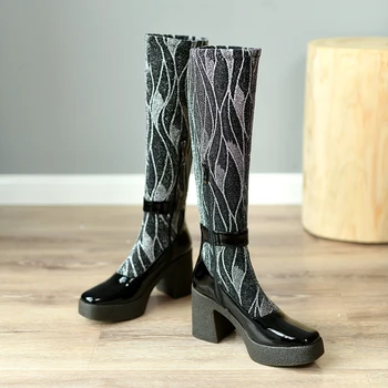 MORAZORA 2020 Kolená vysoké topánky hrubé vysoké podpätky suqare prst platformu dámy topánky zimné móda pracky ženy topánky čierne