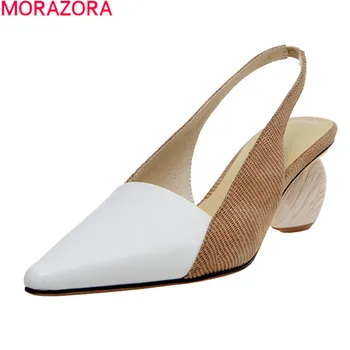 MORAZORA 2020 nový príchod leta plytké ženy sandále módne originálne kožené topánky žena med podpätky ukázal prst strany topánky
