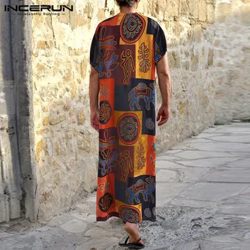 Moslimské Kaftan Mužov Bavlna Vintage Šaty Tlač Krátky Rukáv Bavlna Dubaj Jubba Thobe Mužov Abaya arabské Moslimské Oblečenie INCERUN