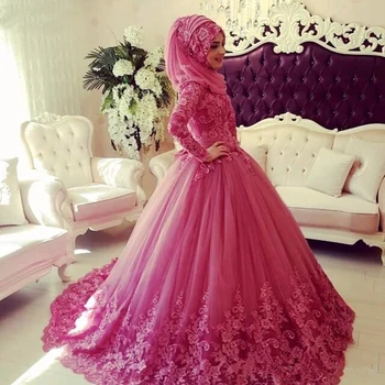 Moslimské Svadobné Šaty Nášivka Dlhé Rukávy Vysoká Krku Čipky Islamskej Svadobné Šaty Vintage Dubaj Svadobné Šaty