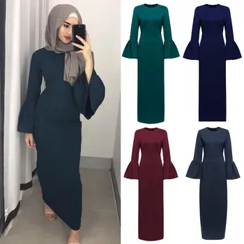 Moslimské Ženy Maxi Bodycon Plášť Šaty Elegantné Horn Dlhý Rukáv Bell Rukáv Abaya Jilbab Nové