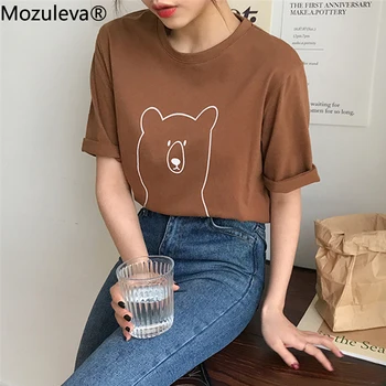 Mozuleva 2020 Elegantné Cartoon Medveď Bavlna Ženy T-Letné tričko Krátky Rukáv Žena T Shirt Jar Biela O O O-neck Top Tees Bavlna
